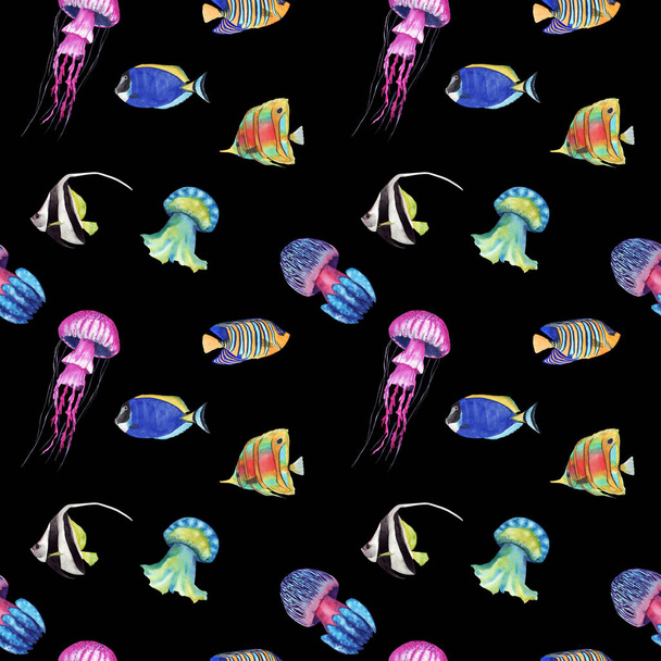 watercolor seamless pattern with colorful jellyfish and fish on black background - Photo, image
