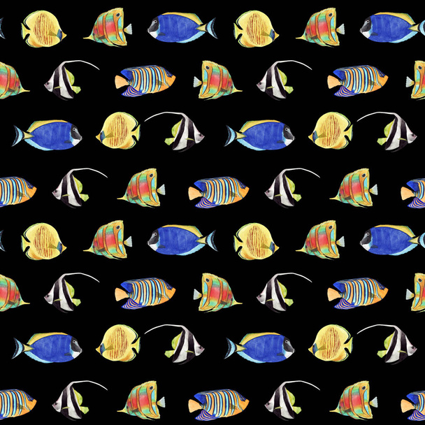 watercolor seamless pattern with colorful tropical fish on black background - Фото, изображение
