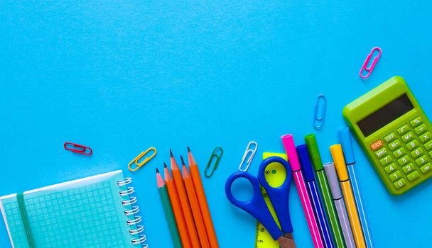 School and office supplies. Workspace top view, copy space. Desk office with pencil, notebook, and other office supplies. Flat lay. Office table desk. Back to school concept. Children accessories. - Photo, Image