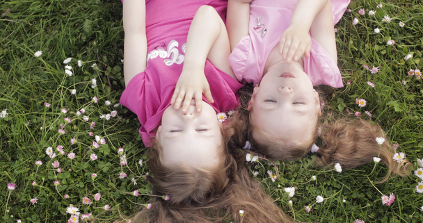 Δύο χαριτωμένο μικρό κορίτσι ξαπλωμένο ανάποδα στο λιβάδι γρασίδι και λουλούδια κάνοντας αέρα φιλί και κουνώντας το χέρι - Πλάνα, βίντεο