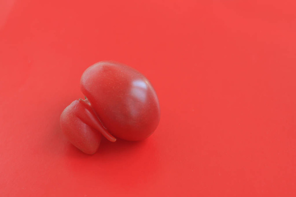 醜い食べ物のコンセプト、赤い背景に単一の変形トマト、コピースペース. - 写真・画像