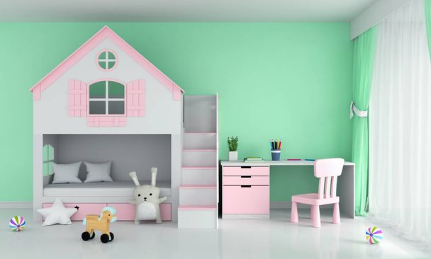 Light green child bedroom interior for mockup, 3D rendering - Fotografie, Obrázek