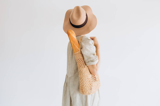eco bag food shoulder woman linen dress hat - Foto, Imagem