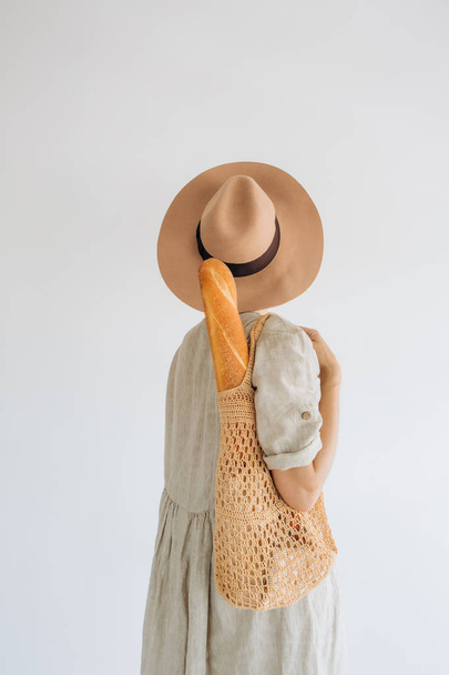 eco bag food shoulder woman linen dress hat - Foto, Imagem