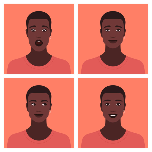 Set of avatars of the African guy. Different emotions: happiness, curiosity, dreaming and shock. Vector flat illustration - Vector, Image