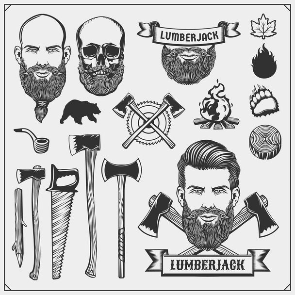 Lumberjack collection. Lumberjack characters and tools. Axes, saws and trees. Vintage style. Monochrome illustration. - Vector, imagen