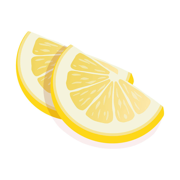 黄色のレモン柑橘系フルーツスタンドの2つの熟したスライスは、白い背景に分離されています。レモンシトラスフルーツ、ベクトルフラットイラスト. - ベクター画像
