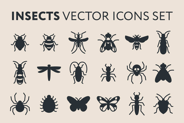 Insect Vector Flat Solid Glyph Icon Illustration Set. Bed Bug, Fly, Dragonfly, Ant, Roach, Cockroach, Mosquito, Termite, Spider, Butterfly, Bee, Wasp. - Vetor, Imagem