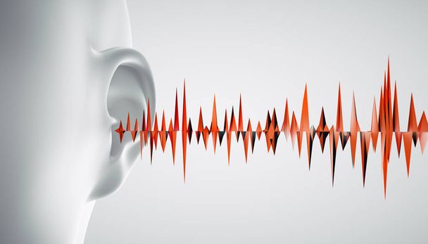 Unangenehmer Sound im Ohr -Akustischer Stress - 3D Illustration - Foto, Bild