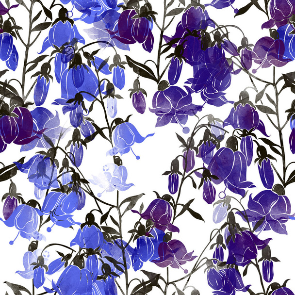 αποτυπώματα άνθισμα καμπάνα λουλούδια χωρίς ραφές, Ψηφιακή Υδατογραφία υφή - Φωτογραφία, εικόνα