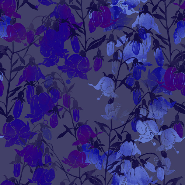 imprints blooming bell flowers seamless pattern, digital watercolour texture - Φωτογραφία, εικόνα