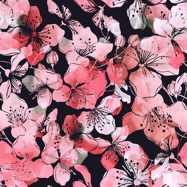 seamless pattern with imprints blooming wild cherry, digital watercolour texture  - Valokuva, kuva