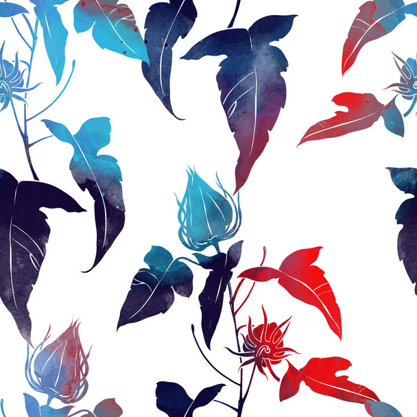 花と葉の花の春シームレスなパターン、デジタル水彩のテクスチャ  - 写真・画像