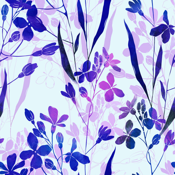 imprints meadow flowers seamless pattern, digital watercolour texture - Φωτογραφία, εικόνα