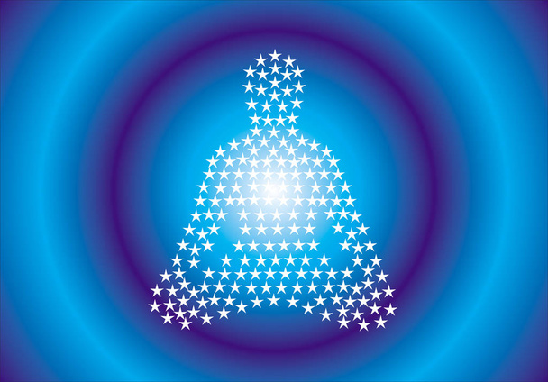 Σιλουέτα ενός Γιόγκι σε asana Lotus των λευκών αστεριών σε ένα χρώμα ντεγκραντέ φόντο σε μπλε αποχρώσεις. Πνευματικό σύμβολο. Γραφικά διανυσματικών έργων τέχνης. - Διάνυσμα, εικόνα