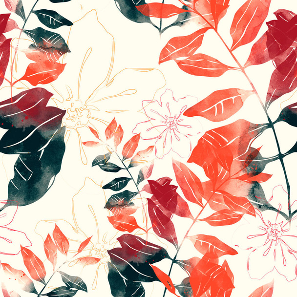 Patrón sin costuras con estampados flores abstractas y hojas
  - Foto, Imagen