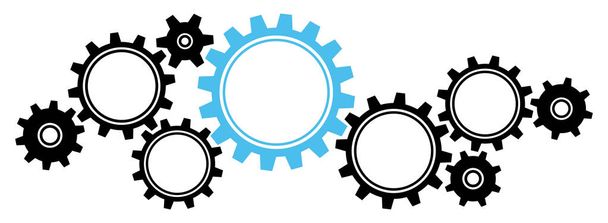 Nine Big And Little Gears Border Graphics Black And Blue Horizontal - Vector, Image