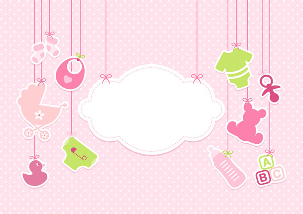 Κάρτα Baby εικονίδια κορίτσι και σύννεφο φόντο τελείες ροζ - Διάνυσμα, εικόνα