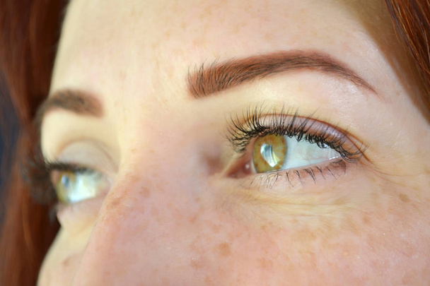 Teintes de fille aux cheveux roux et les yeux verts avec des taches de rousseur avec des extensions de cils sur un fond sombre regarde à droite
 - Photo, image
