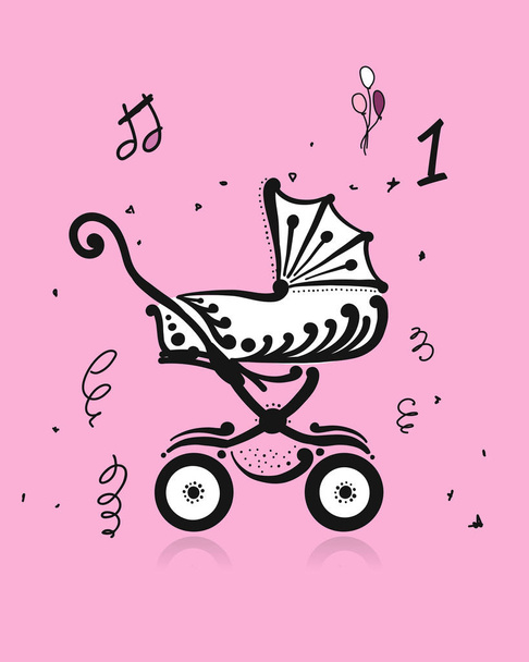 Baby carriage, ornate silhouette for your design - Вектор,изображение