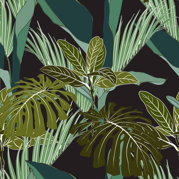 Exotic monster and palm leaves on dark background. Floral seamless pattern. Tropical illustration. Summer beach design. Paradise nature.  - Vetor, Imagem