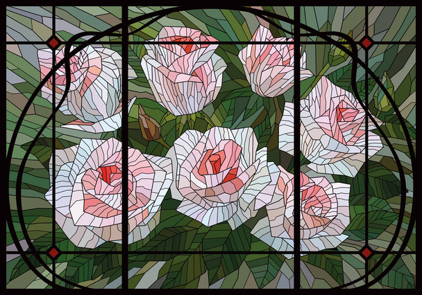 Μωσαϊκό βιτρό λευκά τριαντάφυλλα σε πράσινο φόντο σε στιλ αρ νουβό πλαίσιο. Διανυσματικά γραφικά πλήρους χρώματος - Διάνυσμα, εικόνα