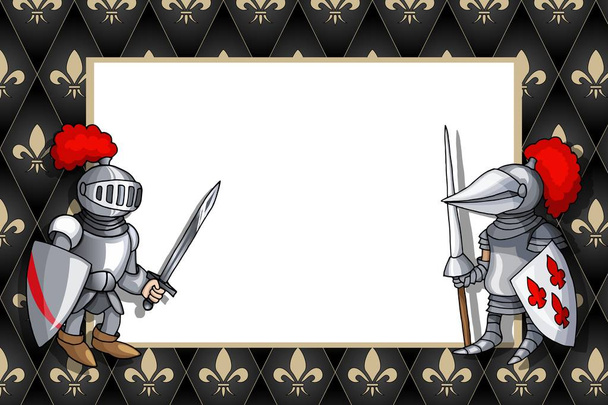 Горизонтальна рамка з лицарями з мечем і щитом на середньовічному тлі
 - Вектор, зображення