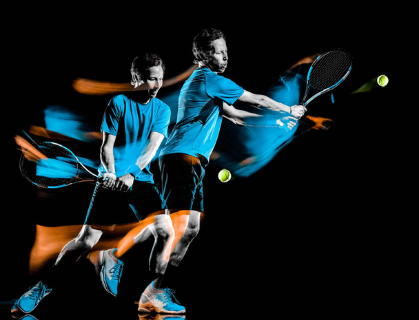 tennis player man isolated black background light painting speed motion - Fotoğraf, Görsel
