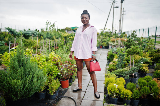 Donna africana in grande camicia rosa posata in giardino con piantine
 - Foto, immagini
