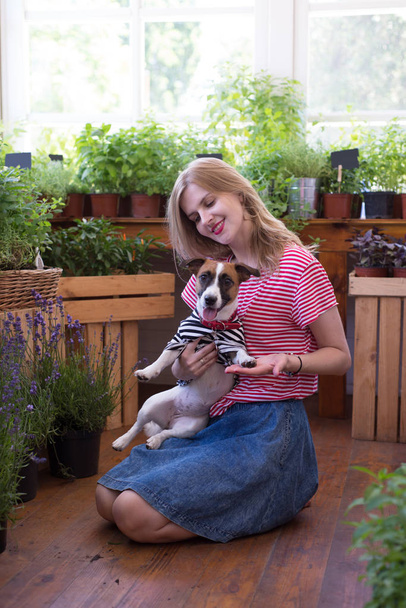 Hermosa joven jugando con un perro en la terraza, donde t
 - Foto, Imagen
