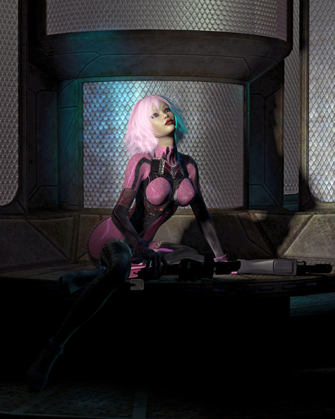dziewczyna catsuit science-fiction w ciemnym pokoju - Zdjęcie, obraz