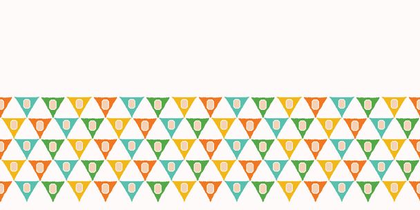 Geometric retro triangle shapes seamless border pattern. Vector banner background. Summer bunting fashion edging. Trendy kids vintage home decor trimming. Hand drawn fun textile trim. Orange green - Vector, Image
