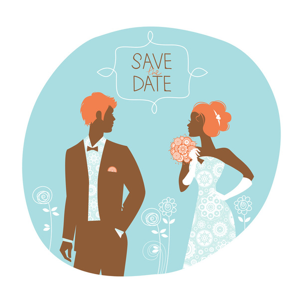 Tarjeta de invitación de boda. Ilustración vintage con recién casados
 - Vector, Imagen