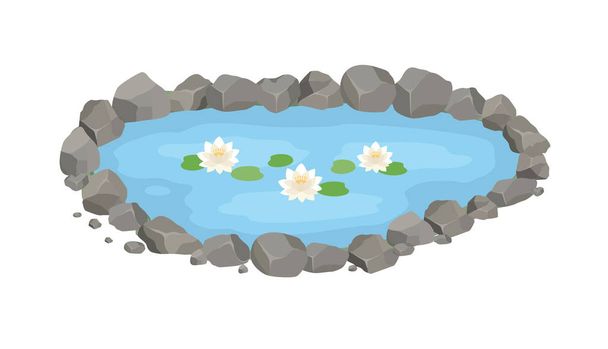 Cartoon vector garden pond illustration with water, stones and water lilies. - Vector, Image