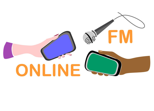 Online radio concept. Idea of global outreach. Female and male hands with smartphones pointed at the microphone - Vector, Image