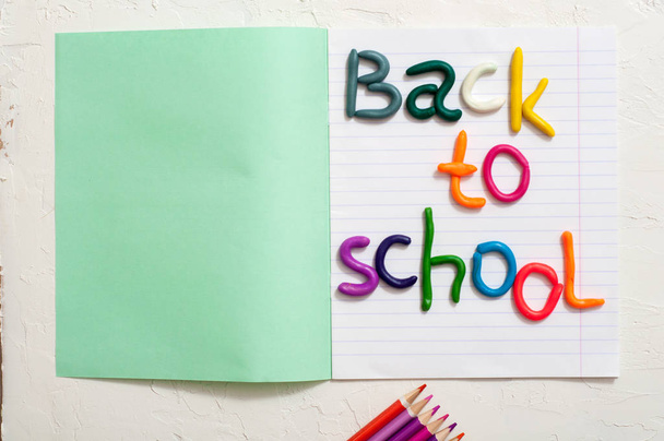 School supplies and inscription back to school on color background - Fotografie, Obrázek