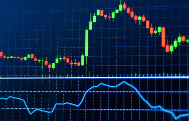 Grafico del grafico a candela del mercato azionario su sfondo nero su display digitale
 - Foto, immagini