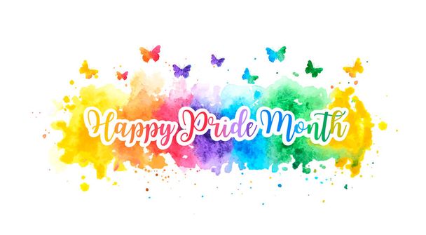 カラフルな虹の水彩スプラッシュと蝶とLGBT幸せなプライド月間バナー。ベクトルイラストレーション - ベクター画像