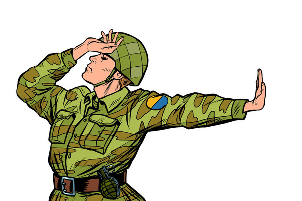 στρατιώτης σε ομοιόμορφη ντροπή άρνηση χειρονομία όχι. αντιμιλιισμός ειρηνιστής - Διάνυσμα, εικόνα