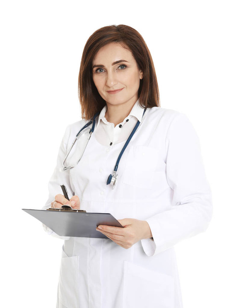 Portrait of female doctor with clipboard isolated on white. Medical staff - Foto, imagen