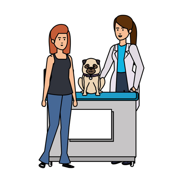 naaraspuolinen eläinlääkäri koiran kanssa toimistossa vektorin kuva
 - Vektori, kuva