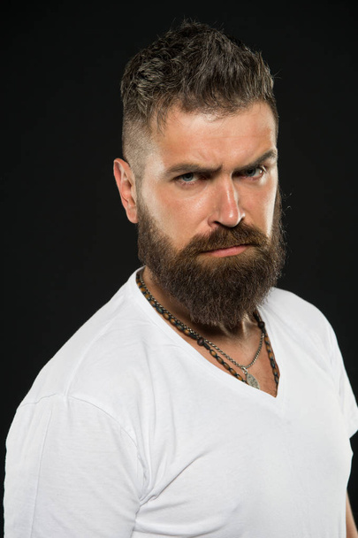 Hair design trends. Serious hipster with long beard and stylish hair on black background. Bearded man with unshaven face hair. Brutal guy with shaped beard and mustache hair - Фото, зображення