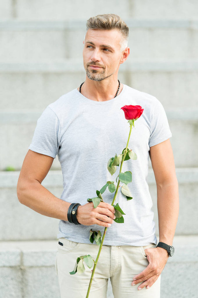 Romantic gentleman. Man mature macho with romantic gift. Little romance can enhance your love life. Handsome guy with rose flower romantic date. Valentines day and anniversary. Flowers delivery - Foto, immagini