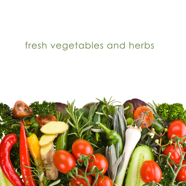 Fresh vegetables and herbs isolated on a white background with sample text - Photo, Image
