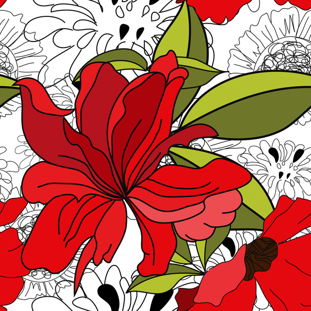 Floral seamless pattern with red flowers - Vector, Imagen
