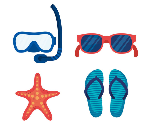 ensemble de masques tuba avec lunettes de soleil et étoiles de mer avec flip-flop
 - Vecteur, image