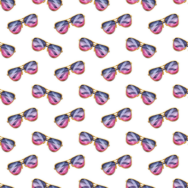 Watercolor seamless pattern with hipster sun glasses. - 写真・画像