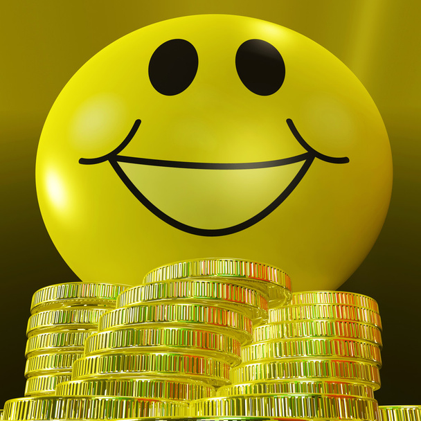 smileygezicht met munten tonen monetaire geluk - Foto, afbeelding