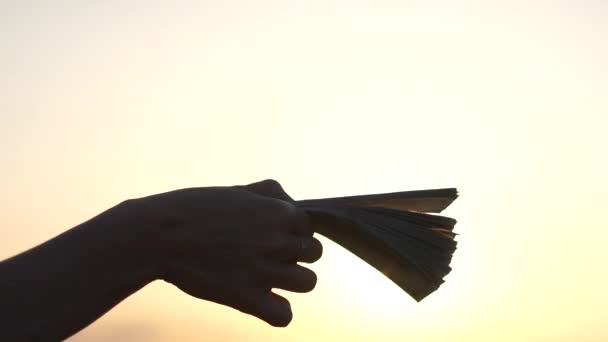 Banknotes in the female hand against the sunlight at sunset, slow motion - Footage, Video