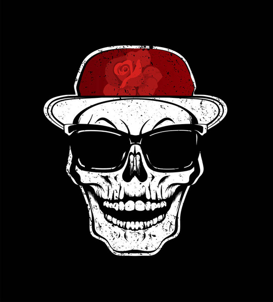 White skull in sunglasses and red cap with rose flower. T-shirt  - Vektör, Görsel
